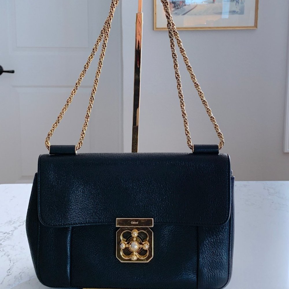 Chloe Elsie Shoulder Bag Crossbody Handbag Gold Chain Black Leather AUTHETNIC